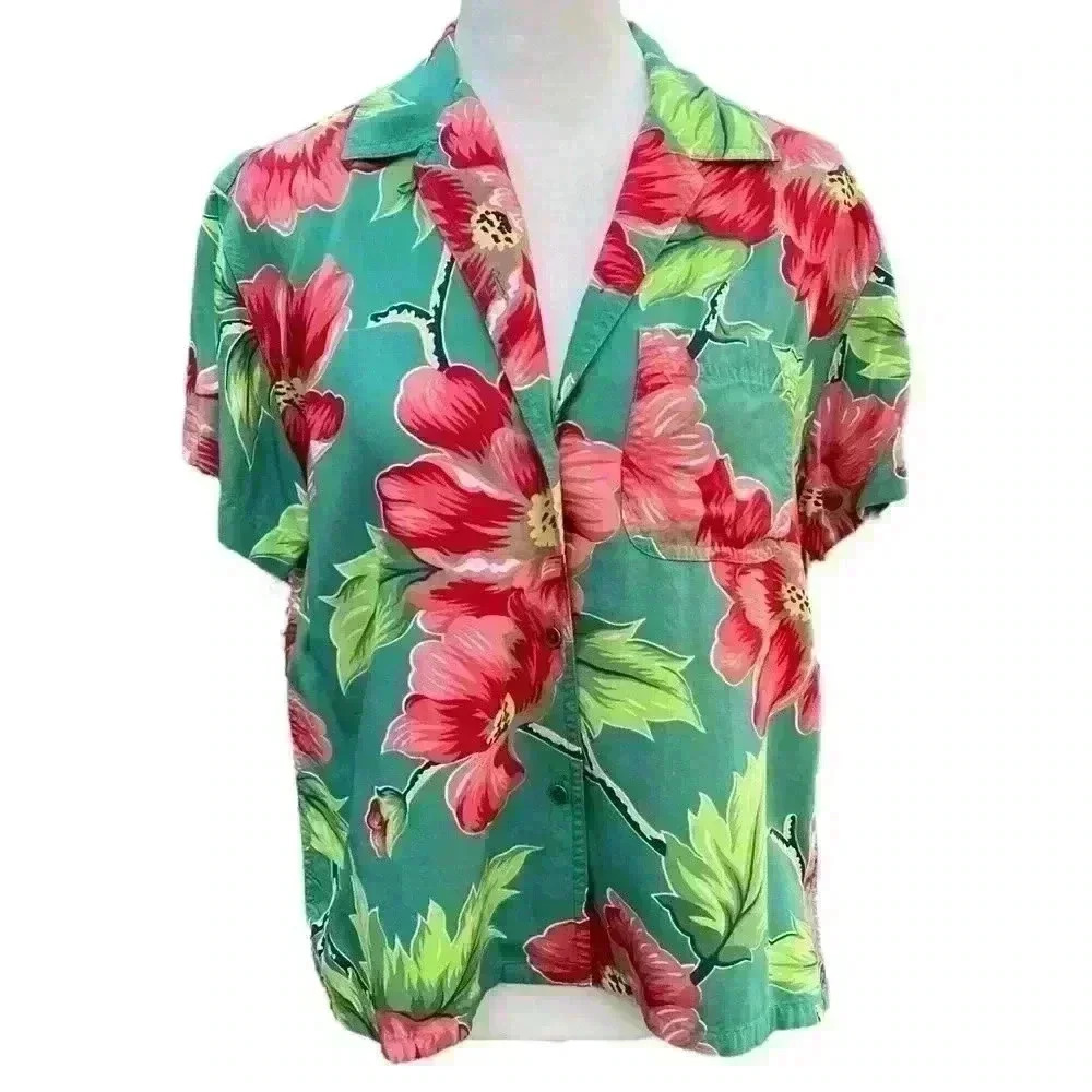 Liz Claiborne Lizwear Jeans Green Floral Short Sleeve Button Down Shirt S